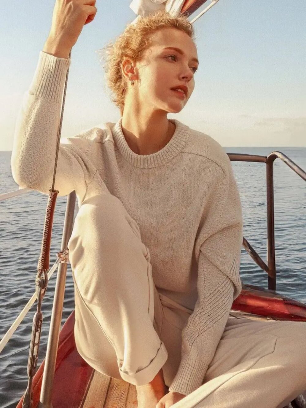 NEW Brochu Walker Pele Saddle-Sleeve Knit Crewneck Sweater Dove Grey Cotton